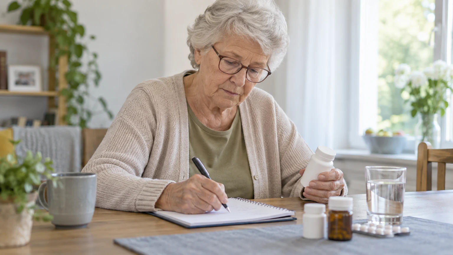 Senior przygotowujący listę leków przed wizytą