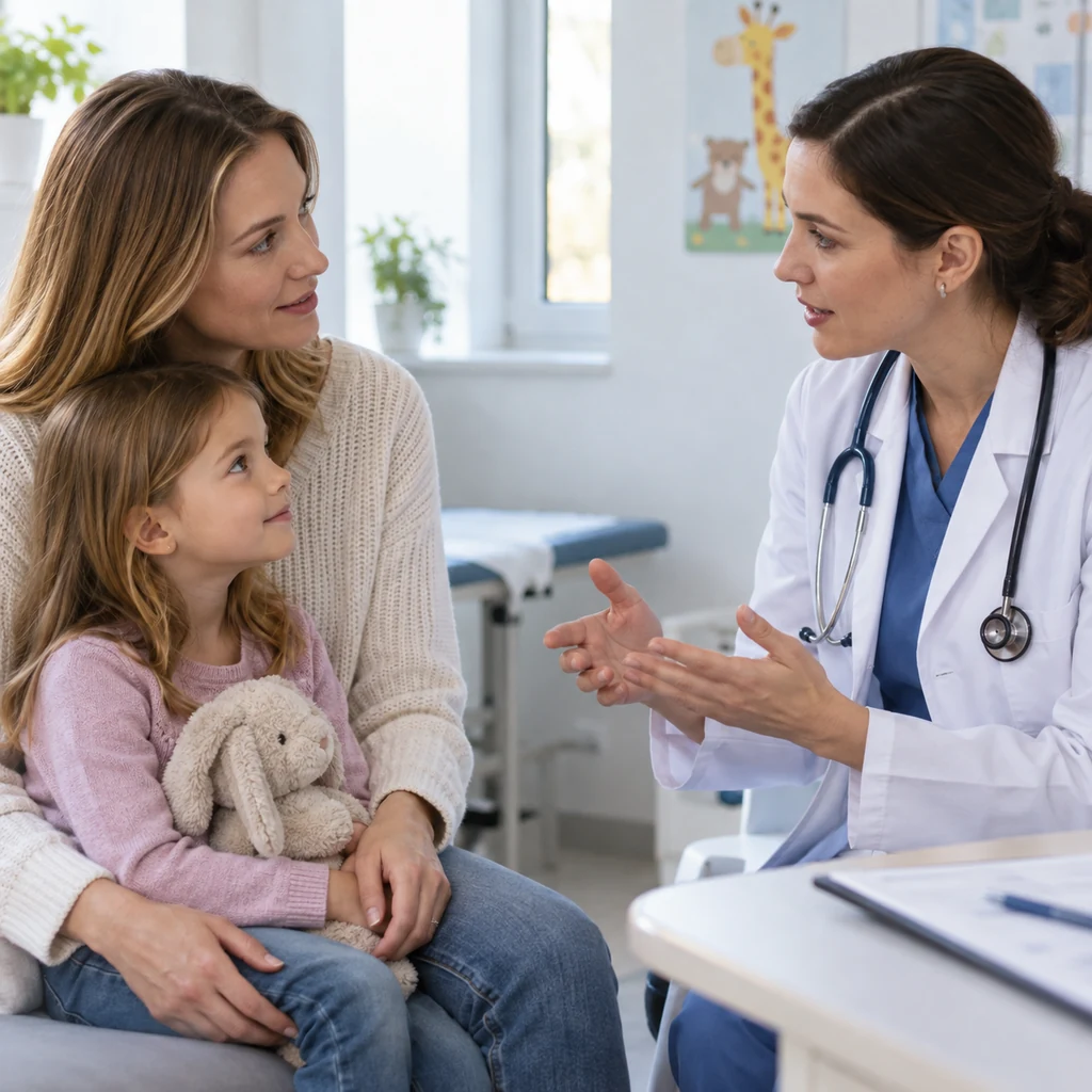 Rodzic rozmawiający z pediatrą o szczepieniu dziecka
