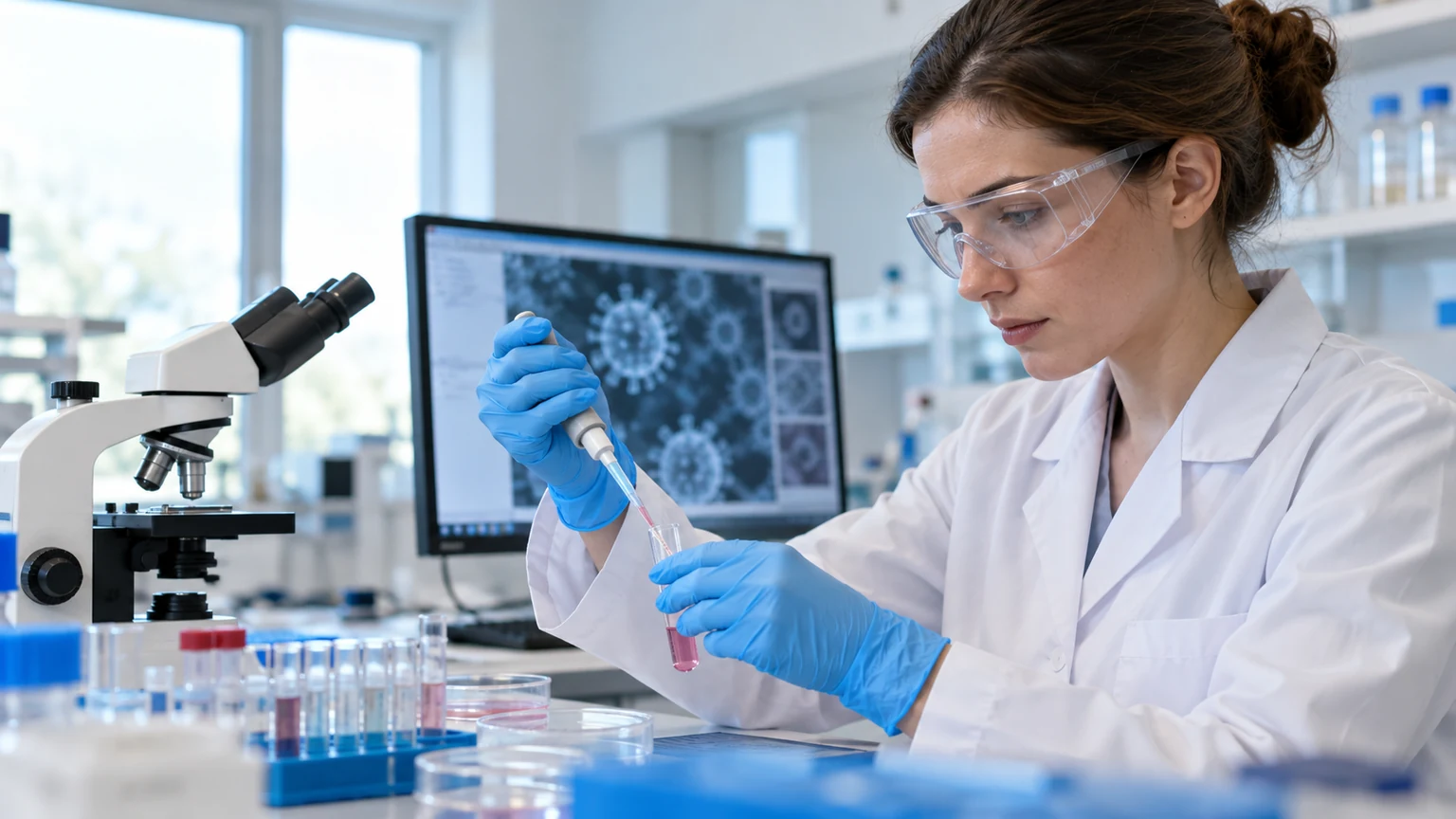 Pracownica laboratorium analizująca próbki w rękawiczkach