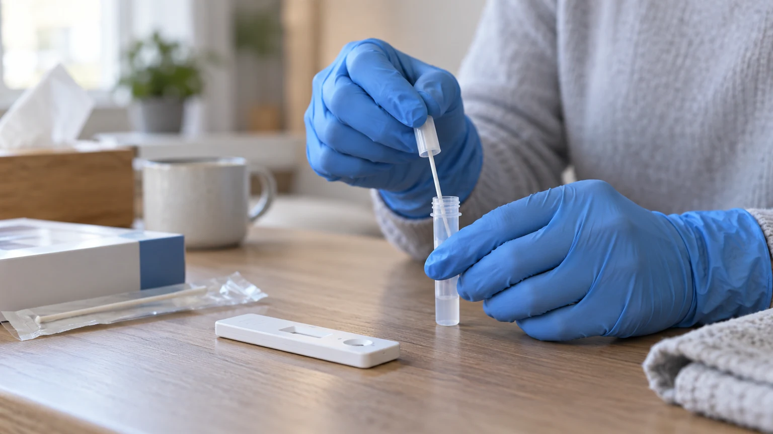 Ręce w rękawiczkach przygotowujące test i probówkę z próbką