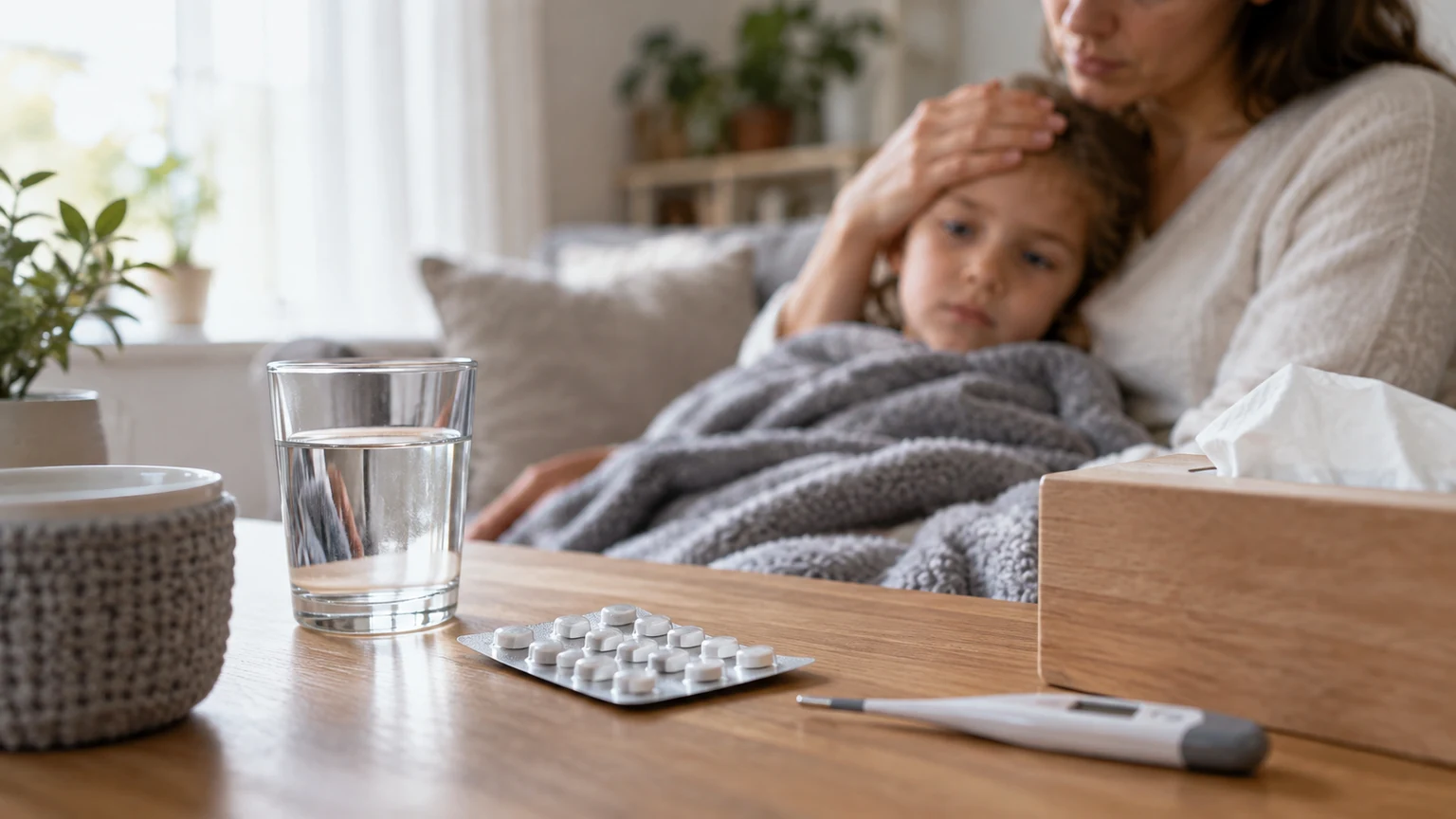 Nieoznakowane opakowanie leku, szklanka wody i termometr na stole