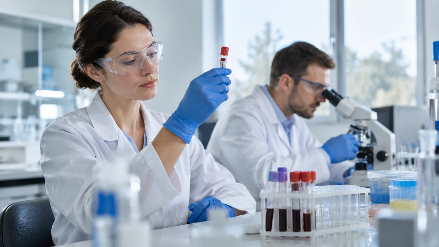 Personel laboratorium analizujący próbki w zamkniętych probówkach
