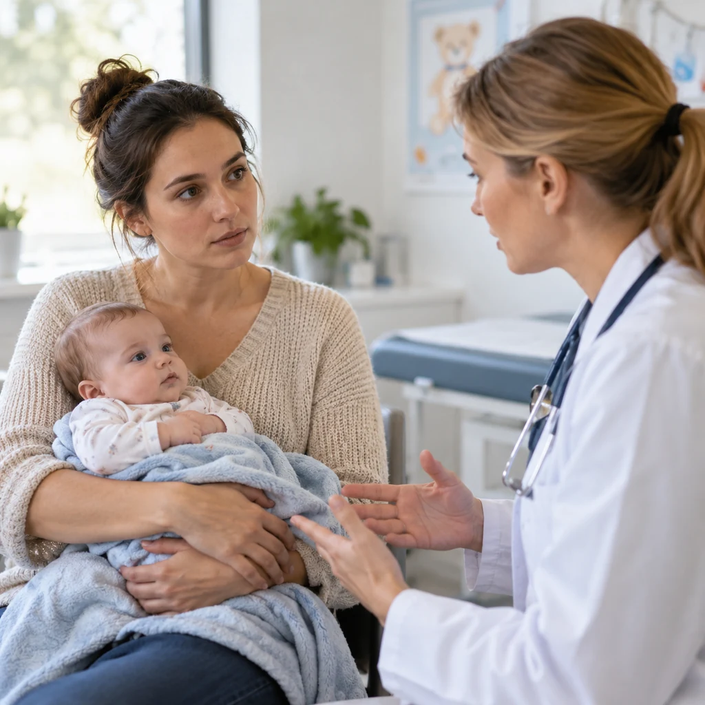 Rodzic trzymający niemowlę podczas rozmowy z pediatrą