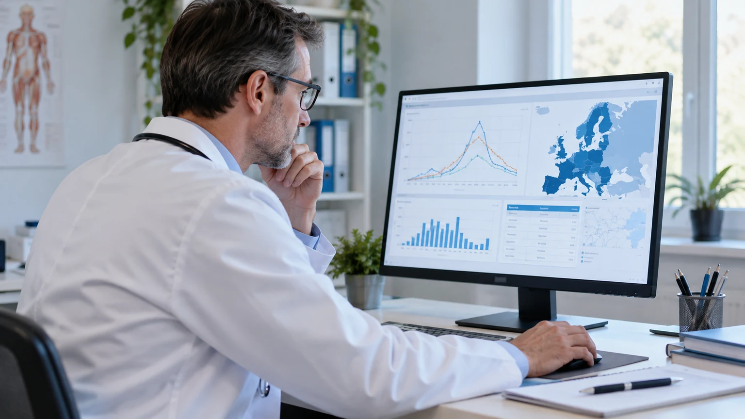 Lekarz sprawdzający informacje epidemiologiczne na komputerze