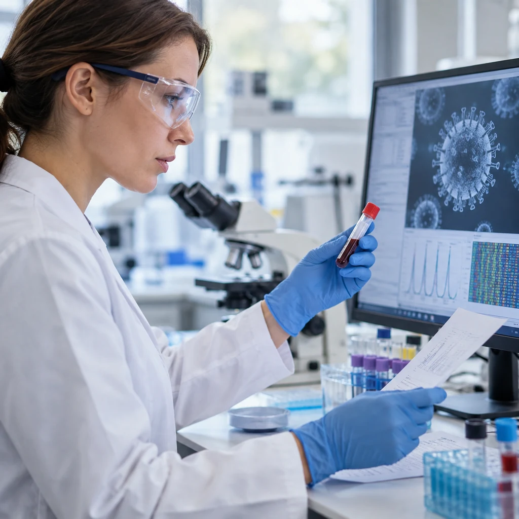 Pracownik laboratorium analizujący wyniki badań wirusologicznych