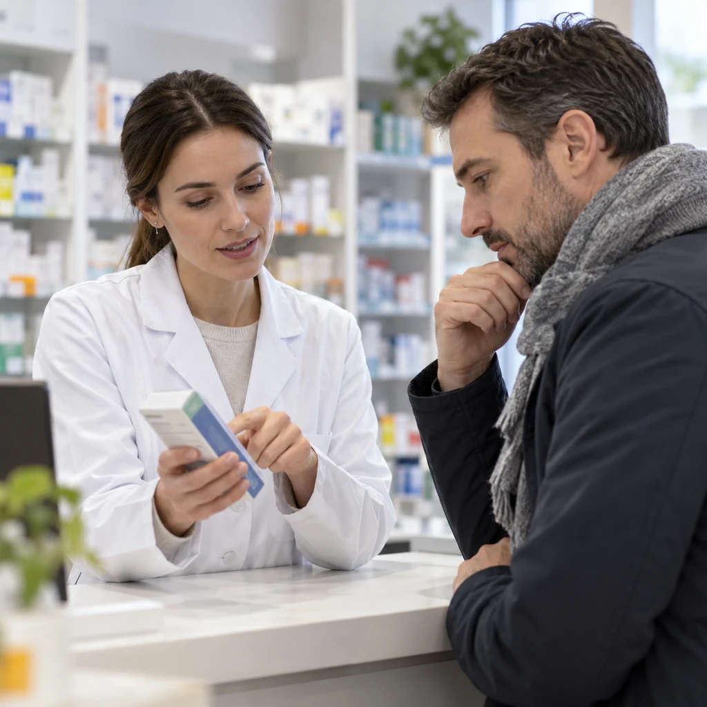 Farmaceutka omawiająca z pacjentem skład preparatu