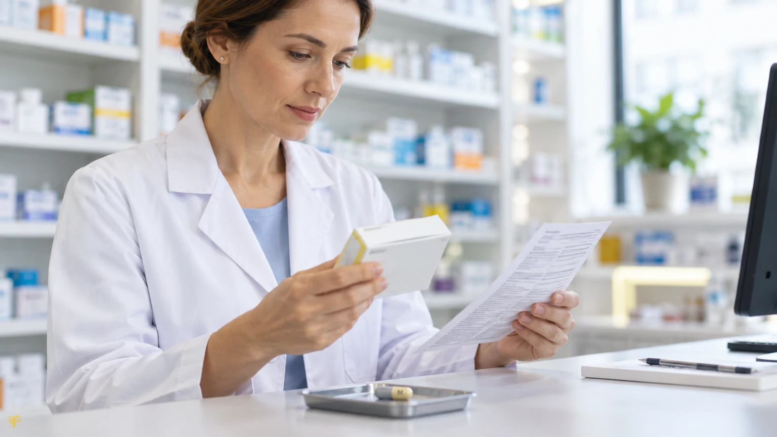 Farmaceutka porównująca nazwę produktu z jego dokumentacją