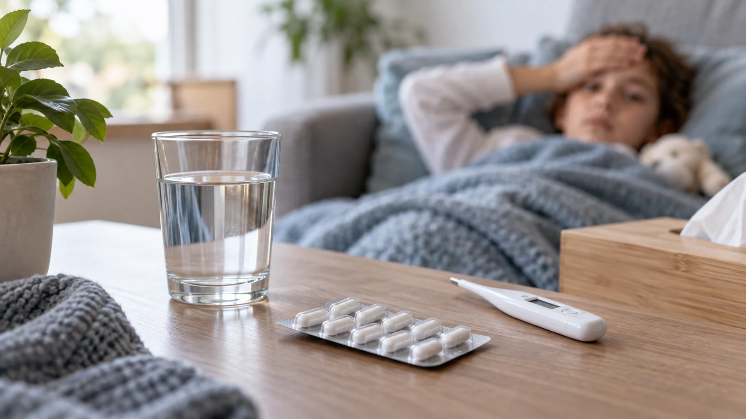 Nieoznakowane opakowanie leku, szklanka wody i termometr na stole
