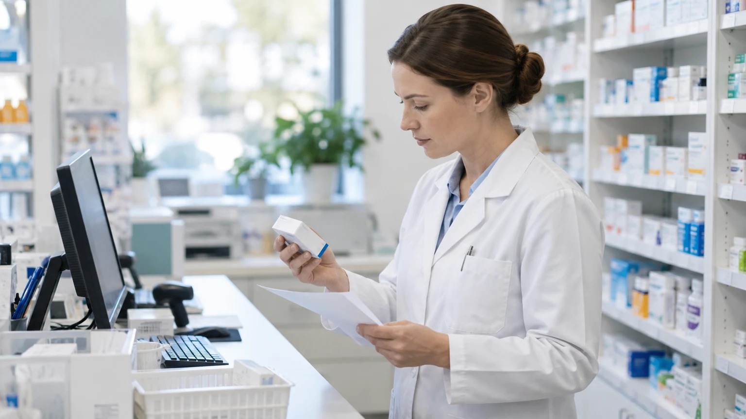 Farmaceutka sprawdzająca informacje o produkcie w dokumentacji