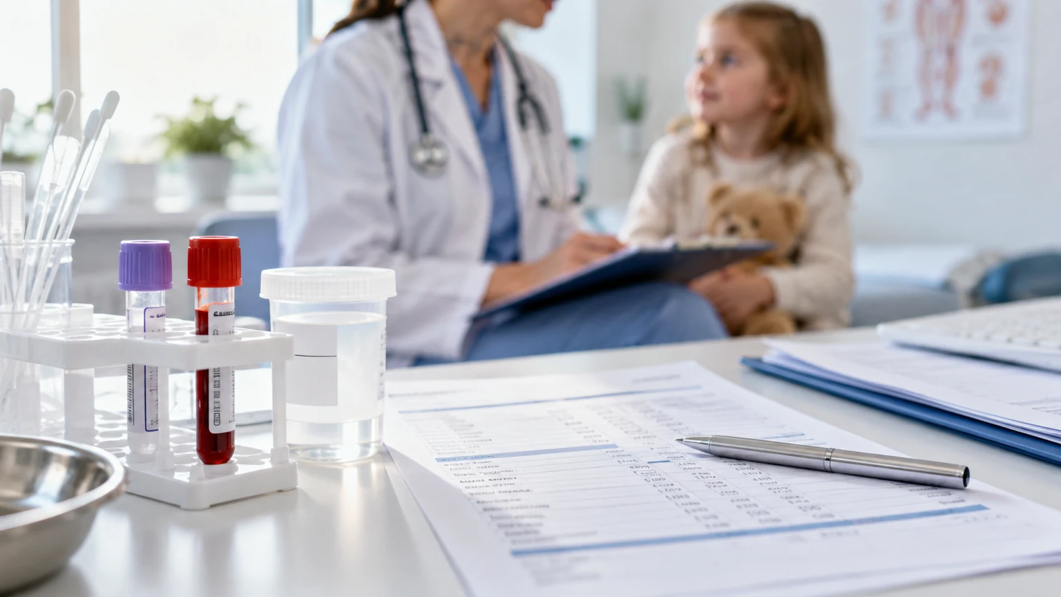 Probówki laboratoryjne i wyniki badań na biurku