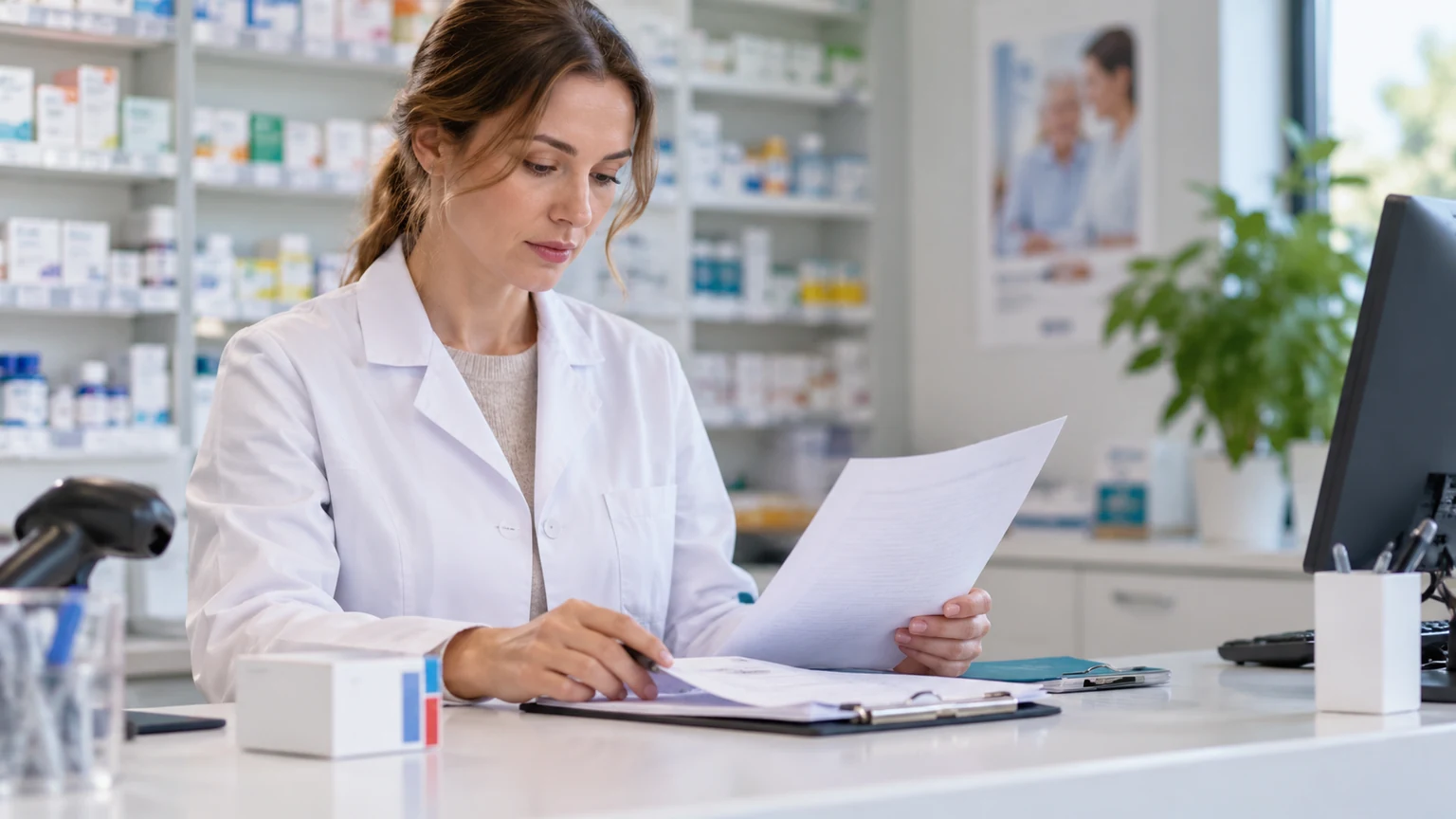 Farmaceutka przeglądająca dokumenty dotyczące szczepienia