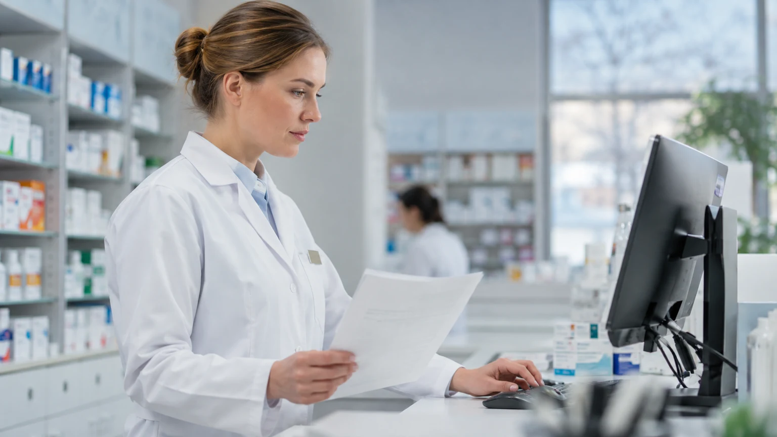 Farmaceutka sprawdzająca dokumentację produktu w komputerze
