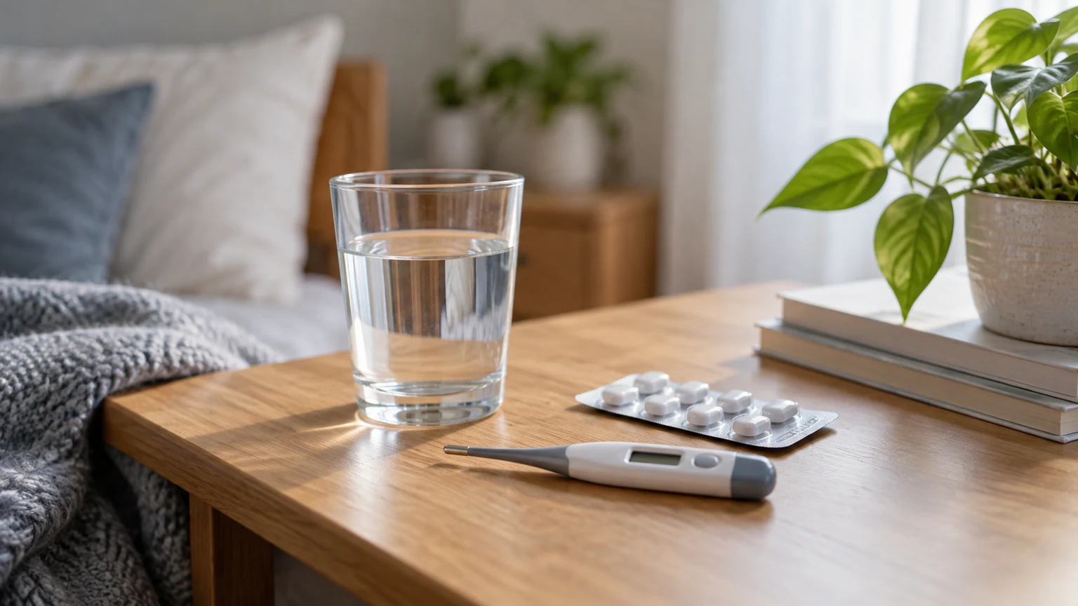 Nieoznakowane opakowanie leku, szklanka wody i termometr na stole