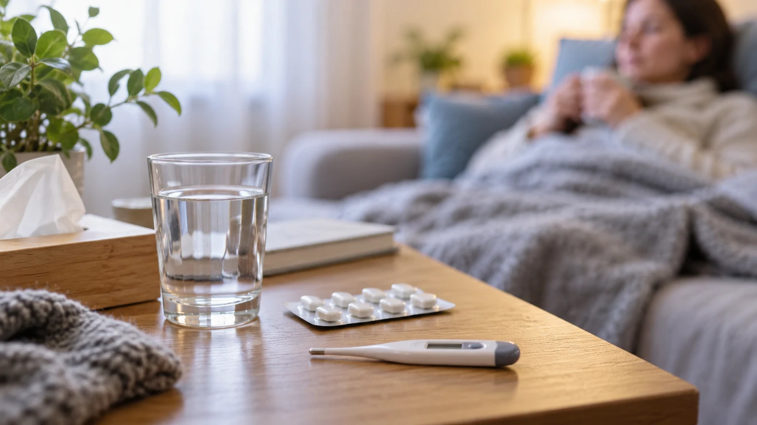 Nieoznakowane opakowanie leku, szklanka wody i termometr na stole