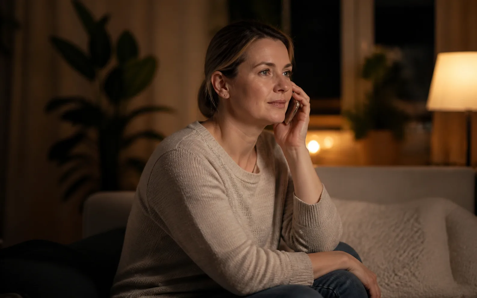 Dorosła kobieta prowadzi wspierającą rozmowę telefoniczną z bliską osobą.
