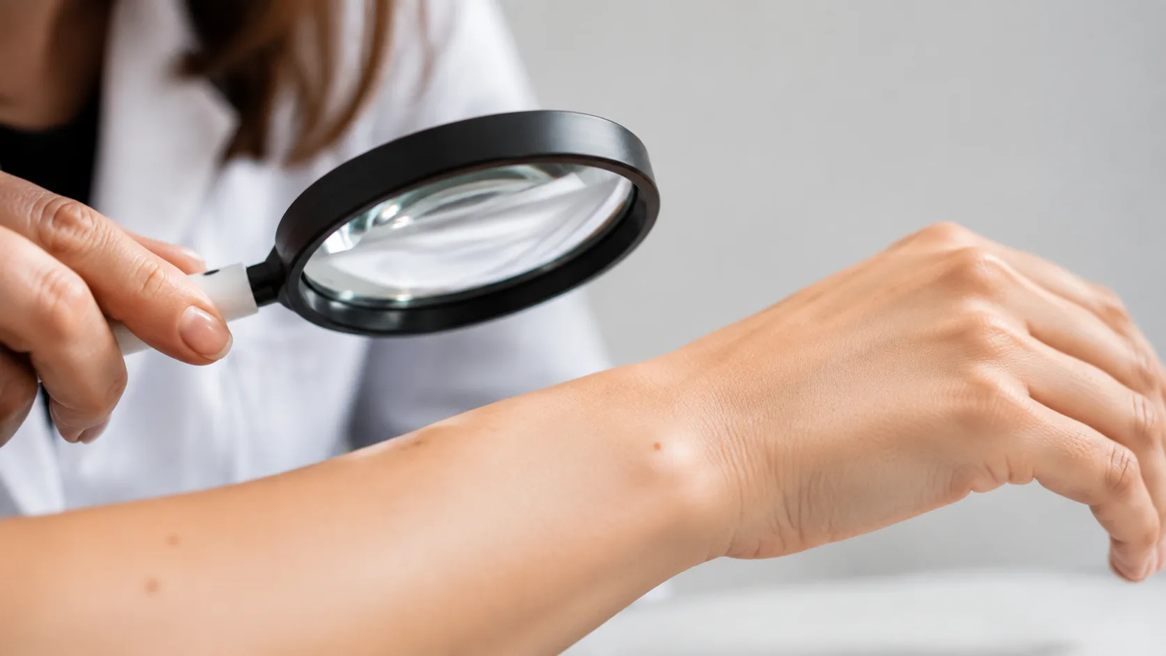 Ocena skóry dłoni za pomocą lupy dermatologicznej