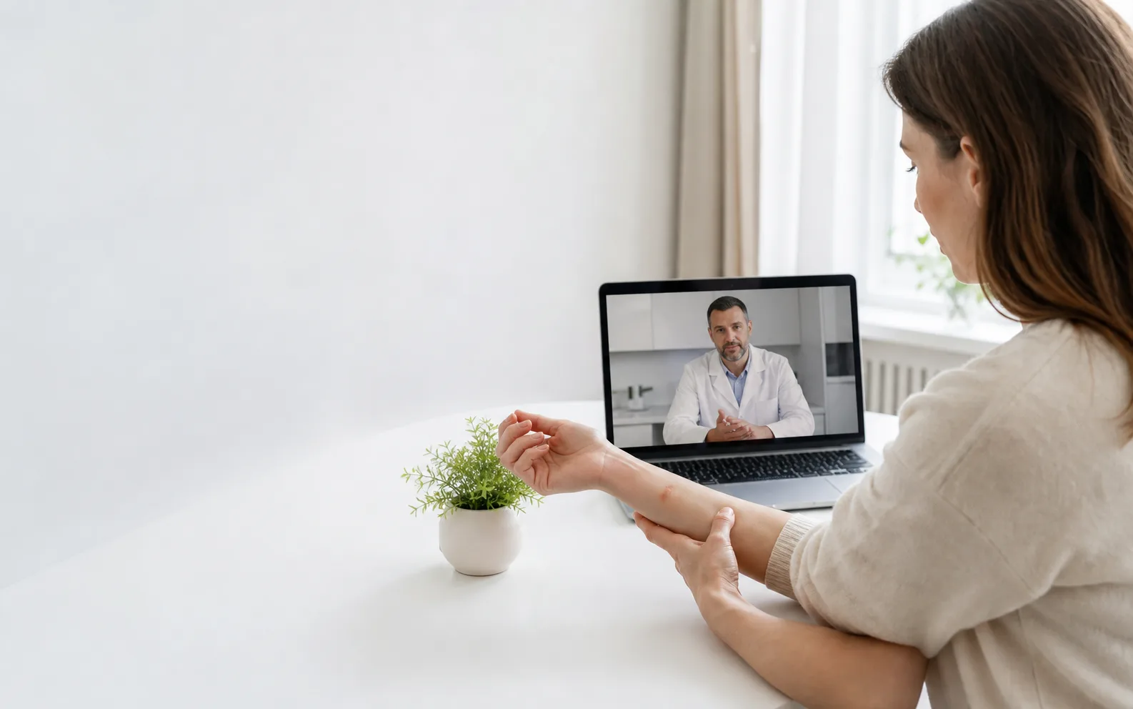 Kobieta podczas konsultacji dermatologicznej online pokazuje zmianę skórną na przedramieniu