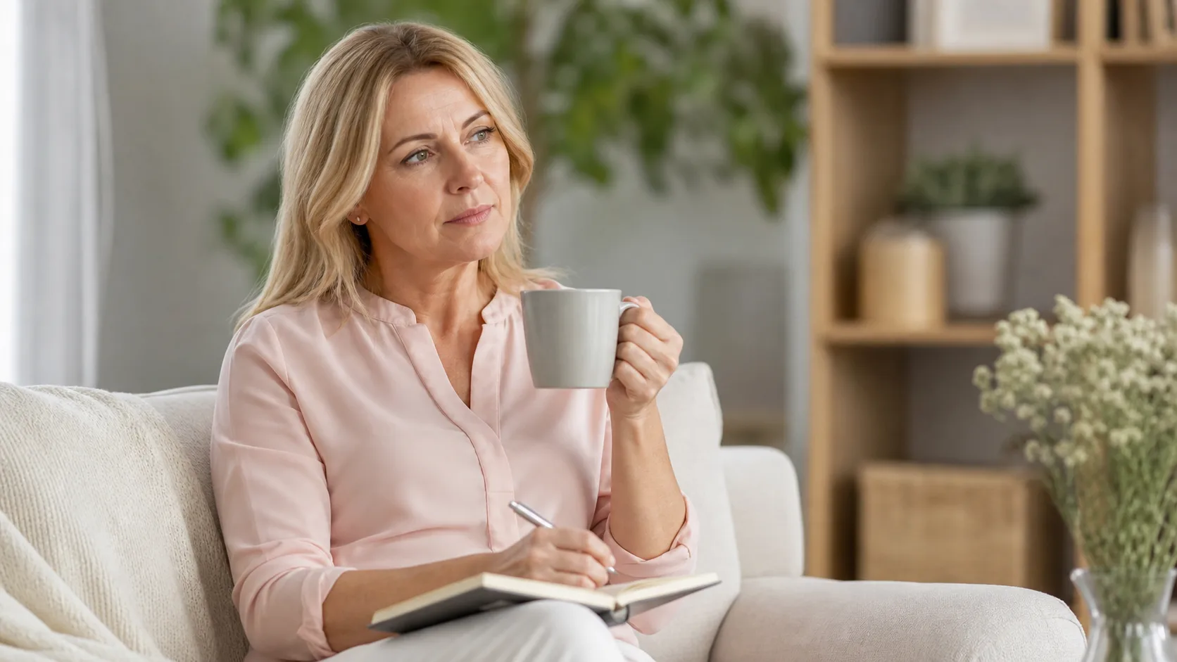 Dojrzała kobieta spokojnie planuje konsultację dotyczącą objawów menopauzy