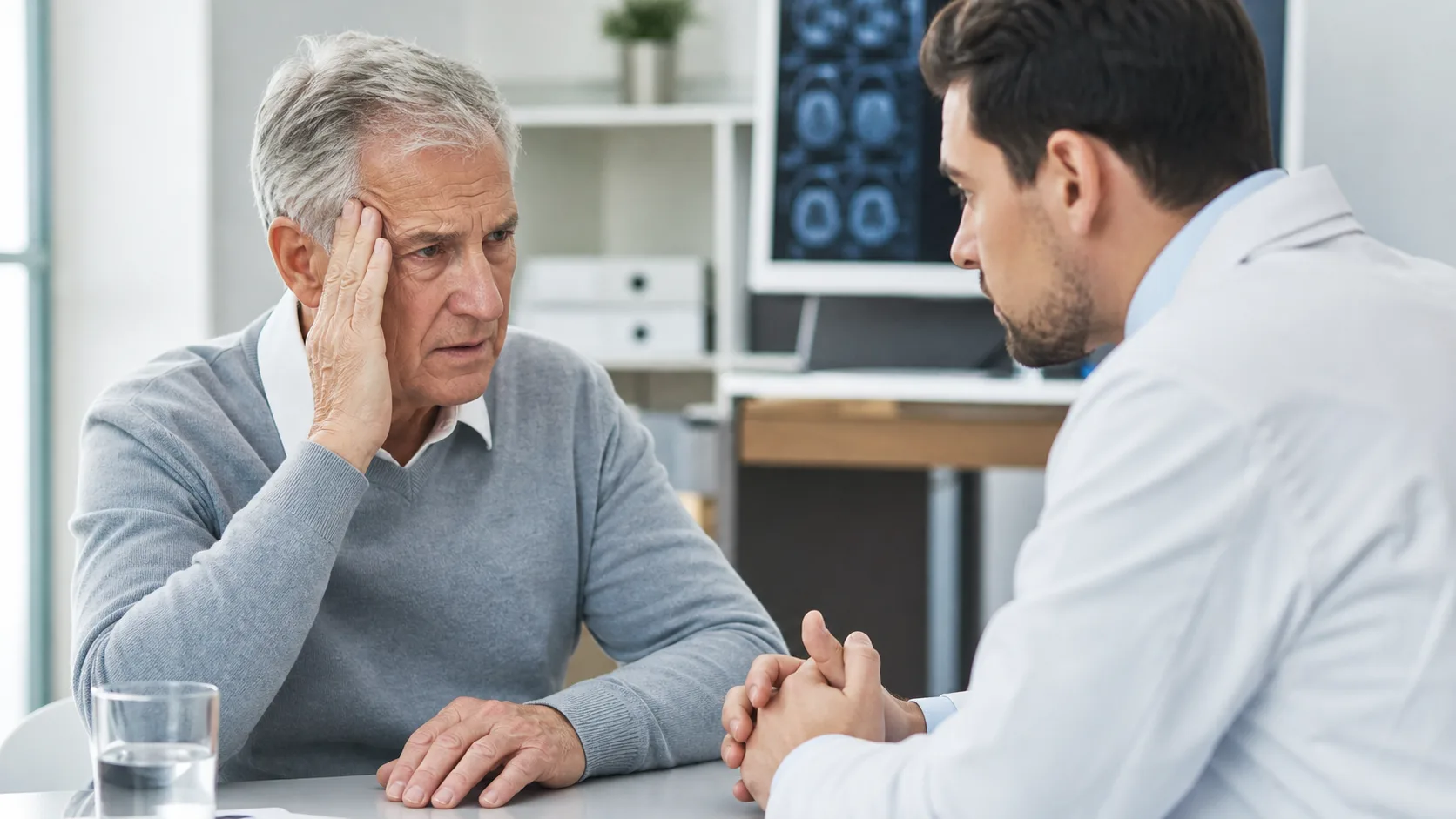 Pacjent podczas konsultacji neurologicznej dotyczącej przemijającego ataku niedokrwiennego