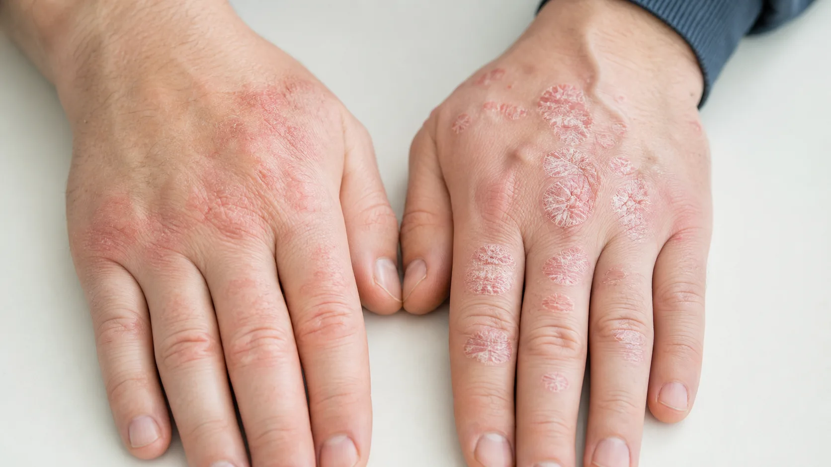 Zbliżenie na skórę dłoni z typowymi zmianami wymagającymi diagnostyki dermatologicznej