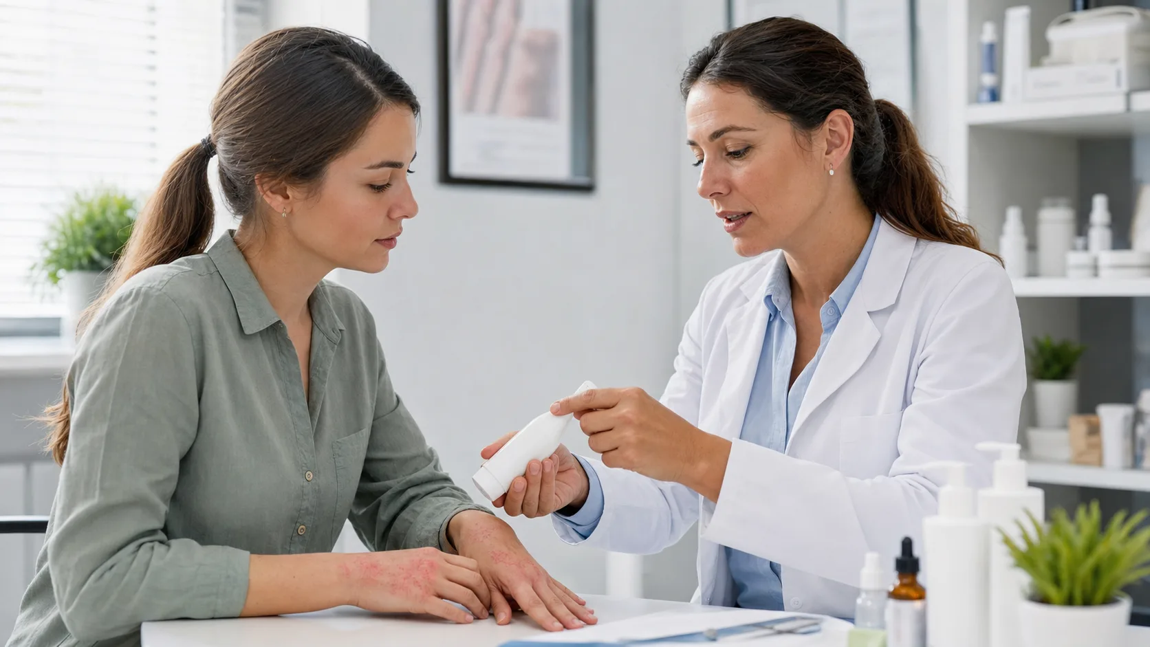 Pacjentka ogląda zmiany skórne i zalecenia po konsultacji dermatologicznej