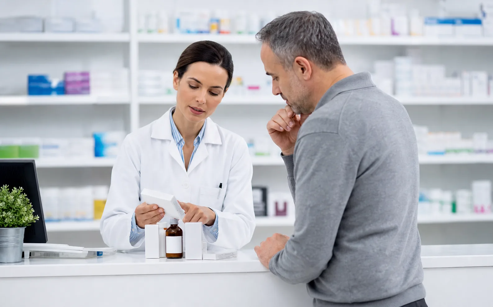 Farmaceuta wyjaśnia dorosłej pacjentce zasady bezpiecznego stosowania leków.