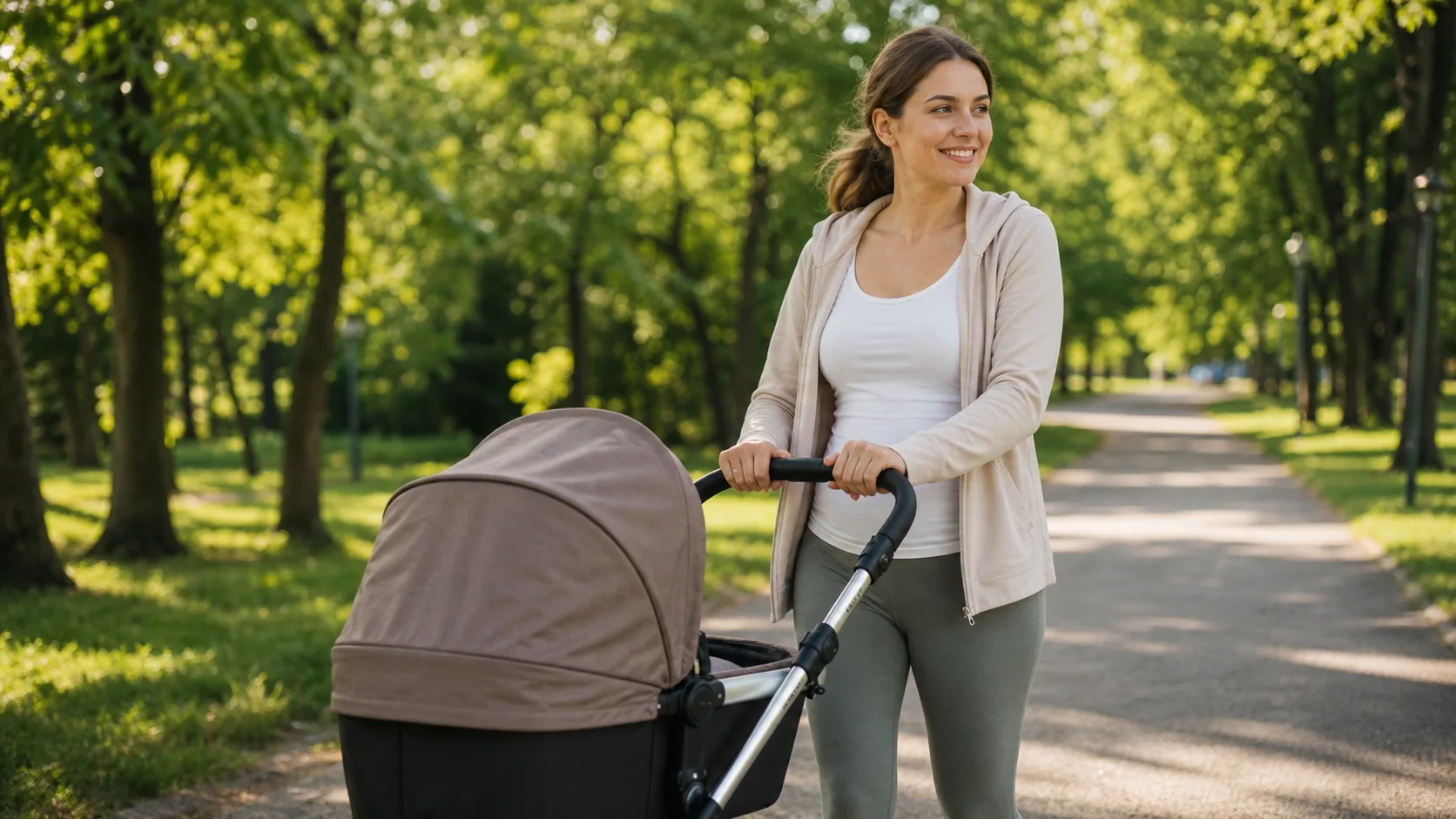 Mama po porodzie spaceruje z wózkiem i wraca do formy po ciąży.