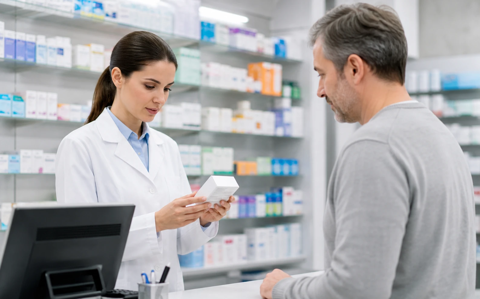 Farmaceutka omawiająca lek z pacjentem w aptece