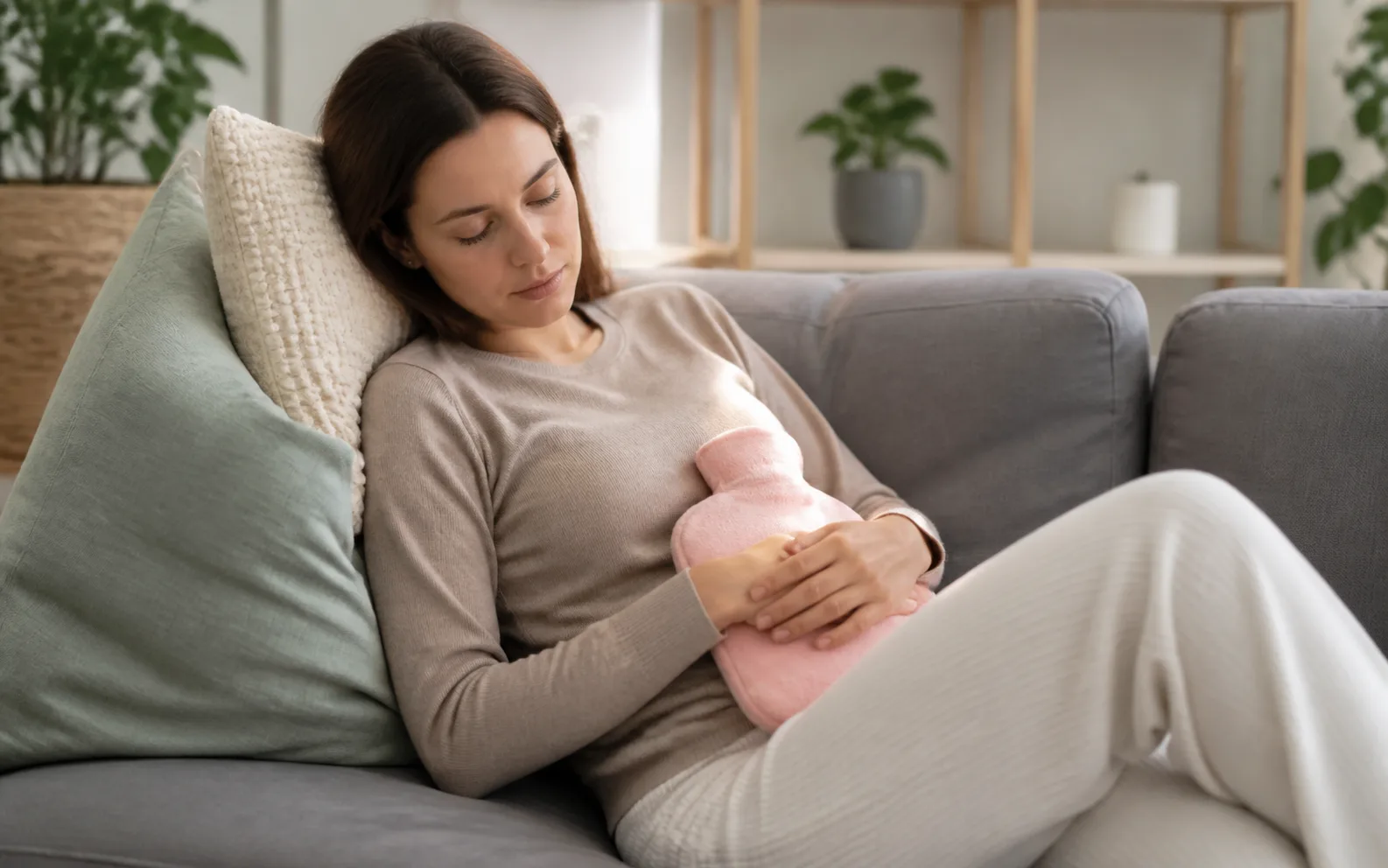 Dorosła kobieta odpoczywa z ciepłym kompresem podczas dolegliwości menstruacyjnych.