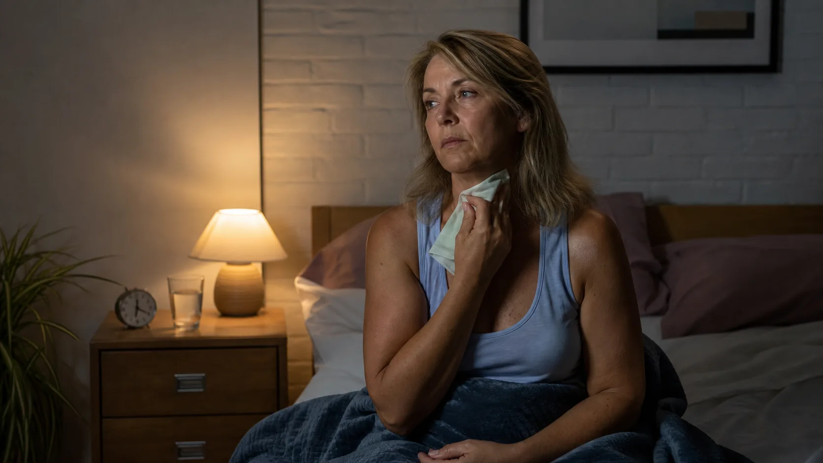 Kobieta odczuwa nocne poty, które mogą towarzyszyć menopauzie.