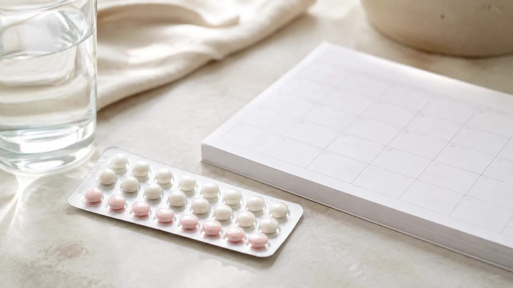 Blister tabletek antykoncepcyjnych obok kalendarza i szklanki wody