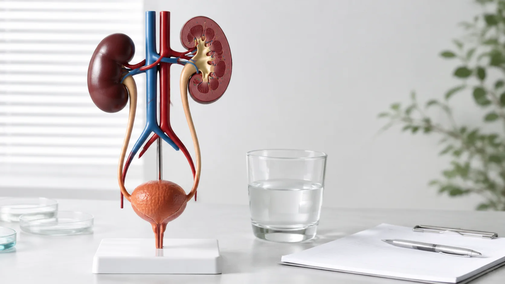 Anatomiczny model nerek i układu moczowego obok szklanki wody