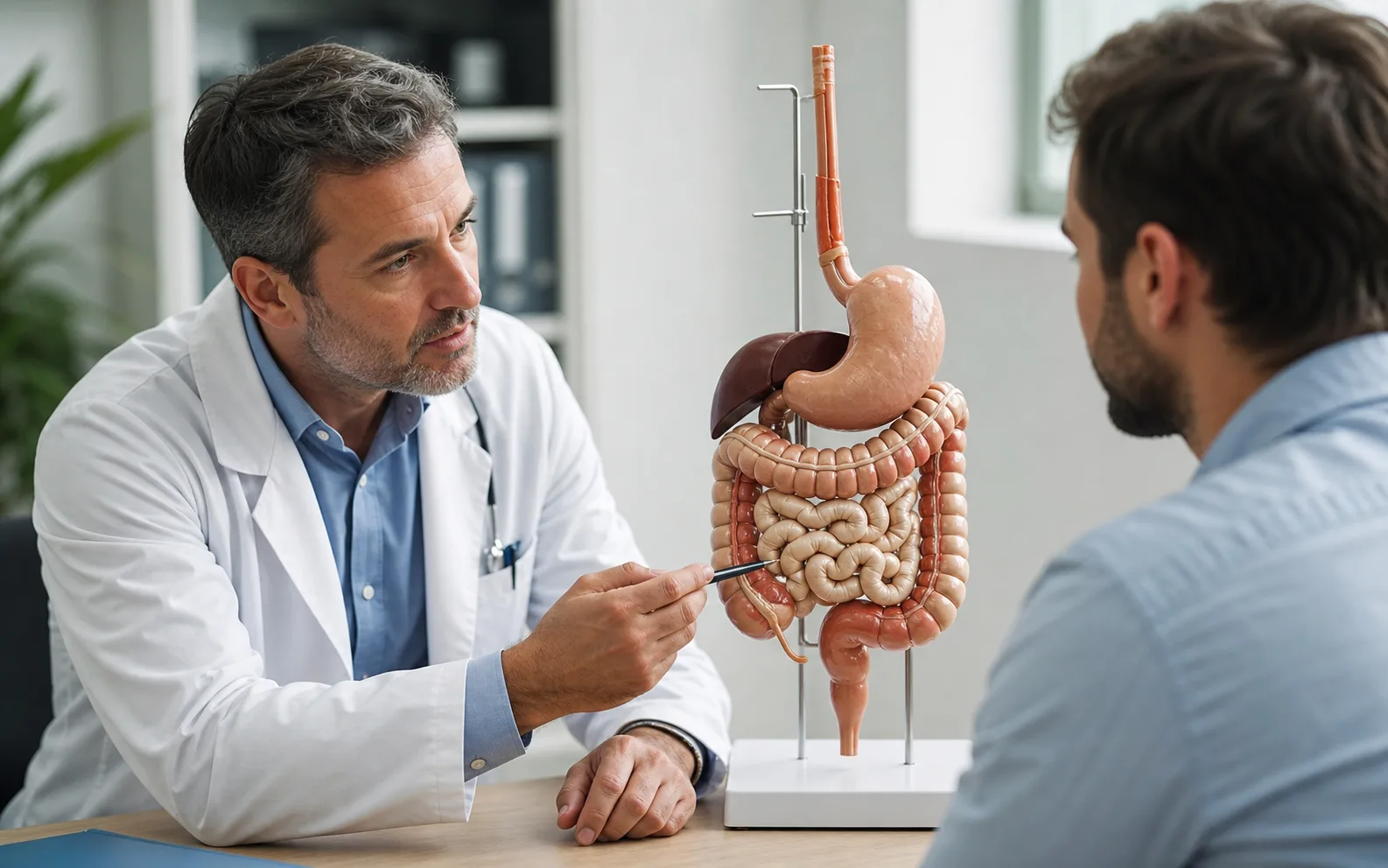 Gastroenterolog konsultuje pacjenta przy modelu układu pokarmowego.
