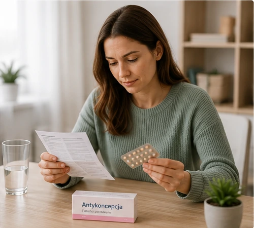 Kobieta czytająca informacje o antykoncepcji przed konsultacją